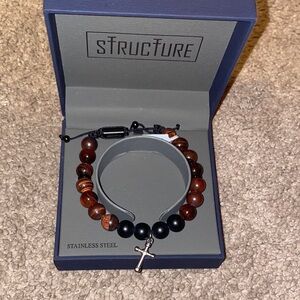 Structure Men's Brown and Black Beaded Bracelet with Cross